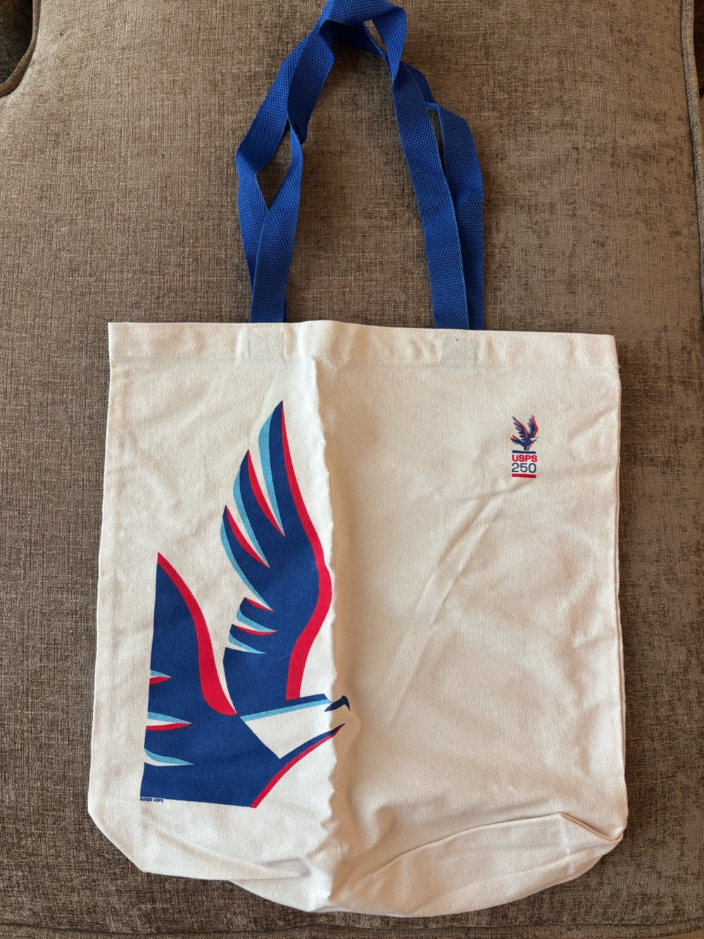 USPS 250 Commemorative Canvas Tote Bag in Cream with Blue Straps